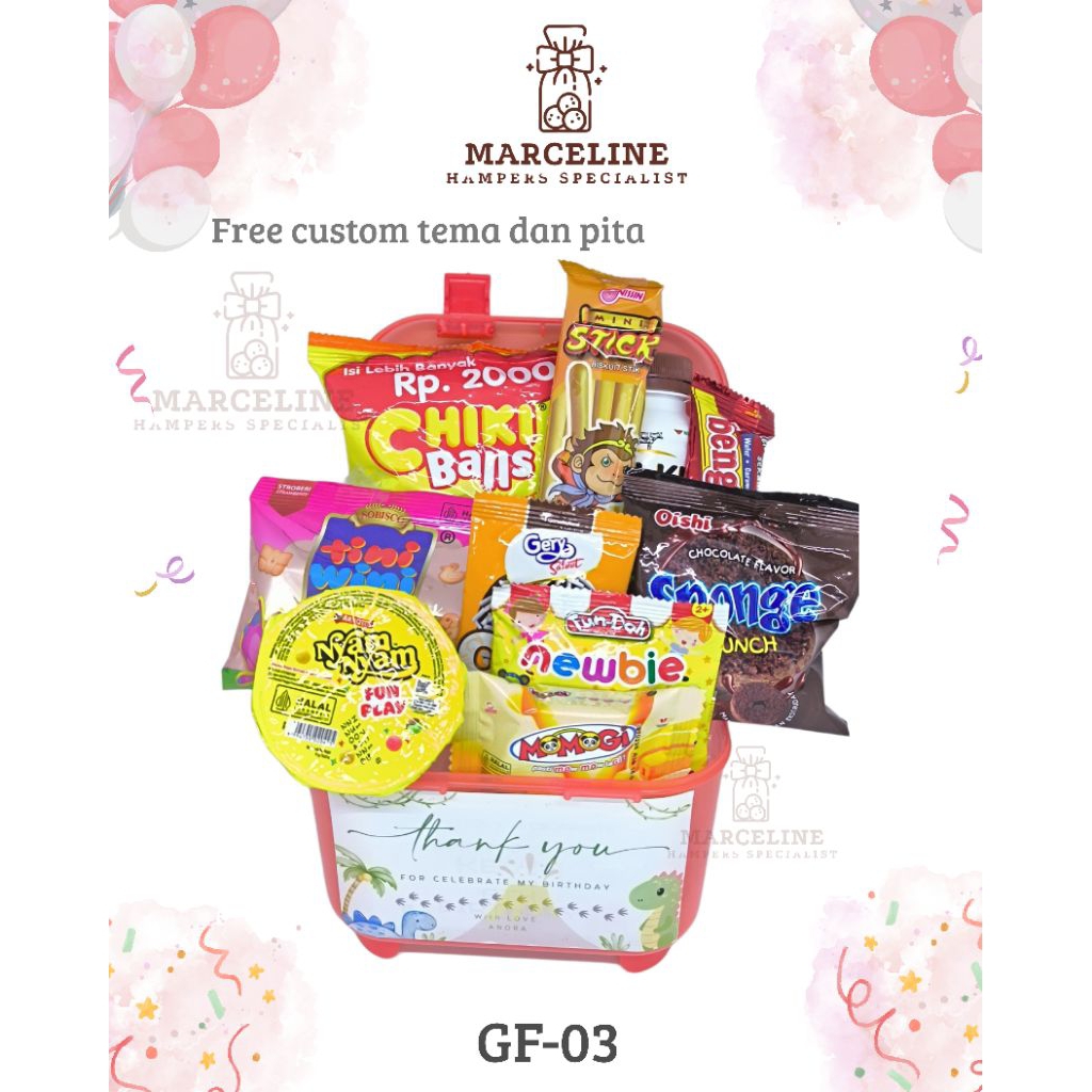 

Hampers ulang tahun anak. Bingkisan Snack ulang tahun anak, free design tema Dan pita