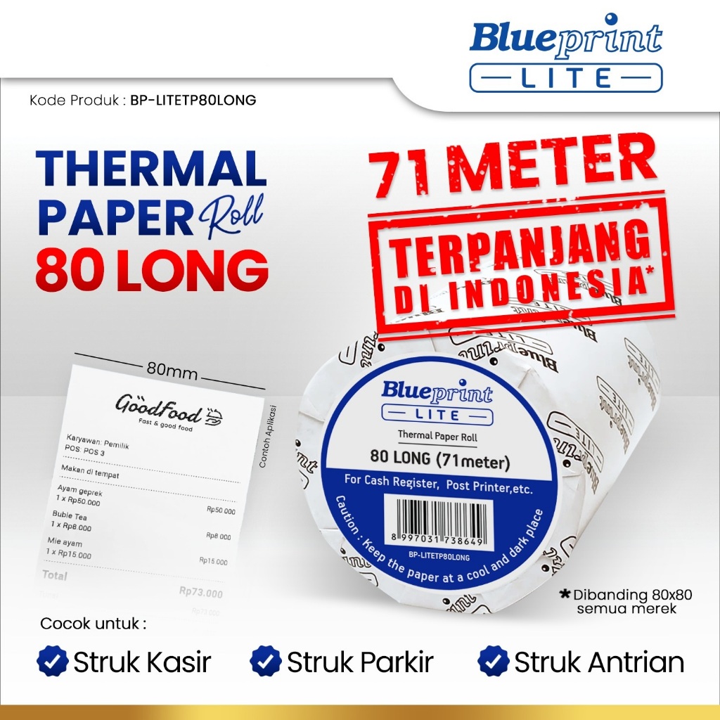 

Blueprint Lite Paper Thermal 80mm LONG Kertas Struk 80x80 Nota Tiket Antrian Karcis Parkir PPOB