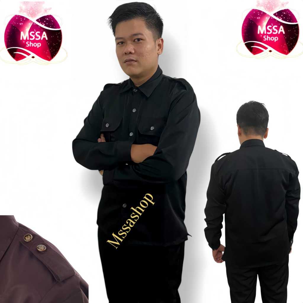 (KONVEKSI LANGSUG MSSASHOP) SETELAN SERAGAM SAFARI HITAM LENGAN PENDEK PANJANG SATPAM BAJU SAFARI SE