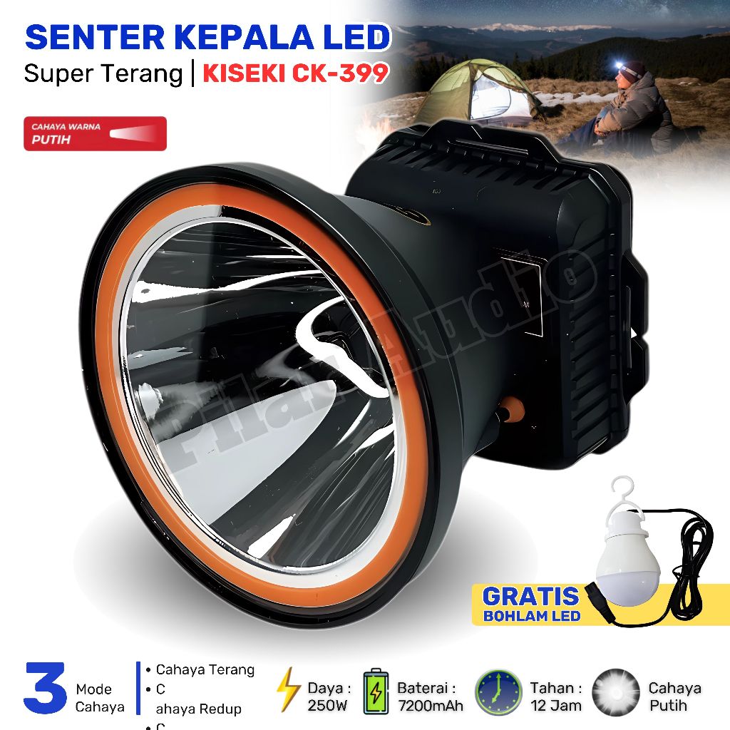 Senter Kepala 250W Kiseki CK-399 Gratis Bohlam Led | Headlamp Diving Outdoor Camping Cahaya Putih Su