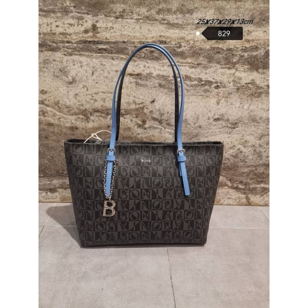 Tote bag mono hitam tali biru besar Bonia ori
