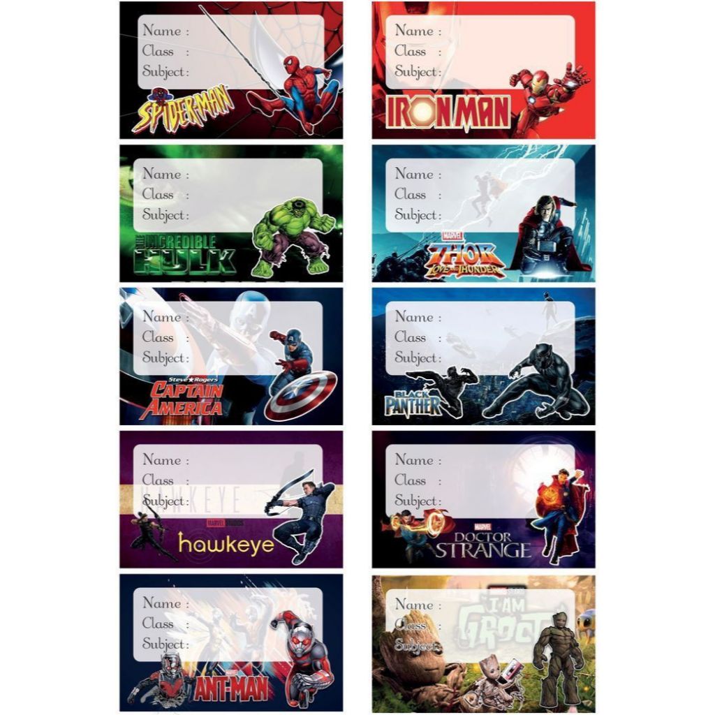 

Stiker Marvel Buku Anak Sekolah SD SMP SMP bahan doff bisa ditulis Bisa Custom Bisa COD silakan Chat Admin 10 in 1