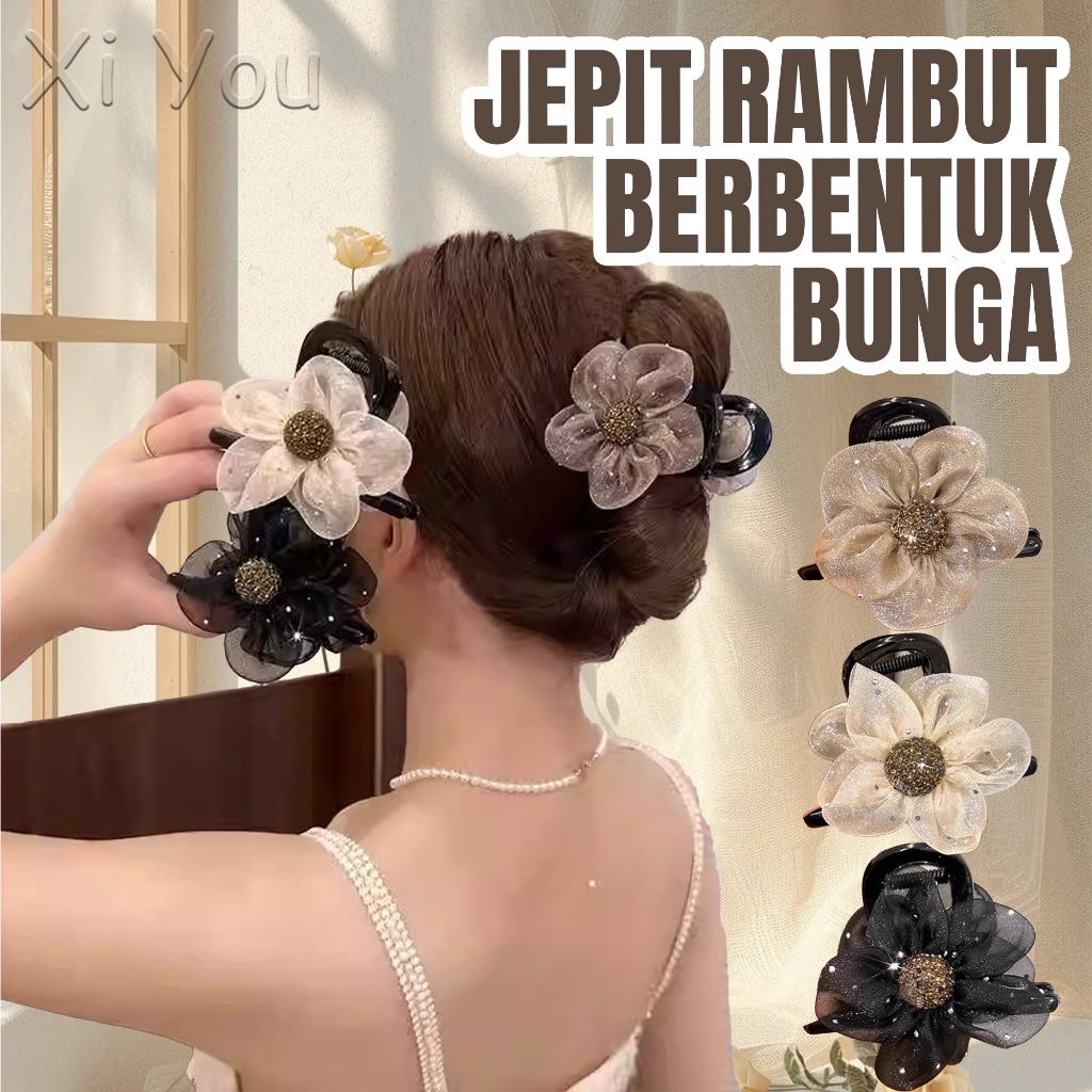 Jepit Rambut Bunga Berlian Imitasi Jaring Aksesori Rambut Gaya Korea Jepit Rambut Wanita Aesthetic