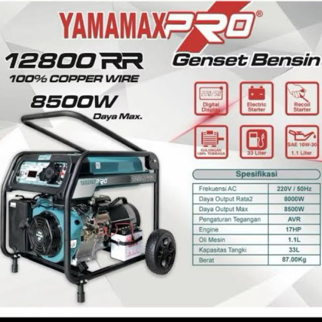 MESIN GENSET GENERATOR LISTRIK BENSIN YAMAMAX PRO 12800RR 12800 RR 8.500 WATT 8.500W AVR