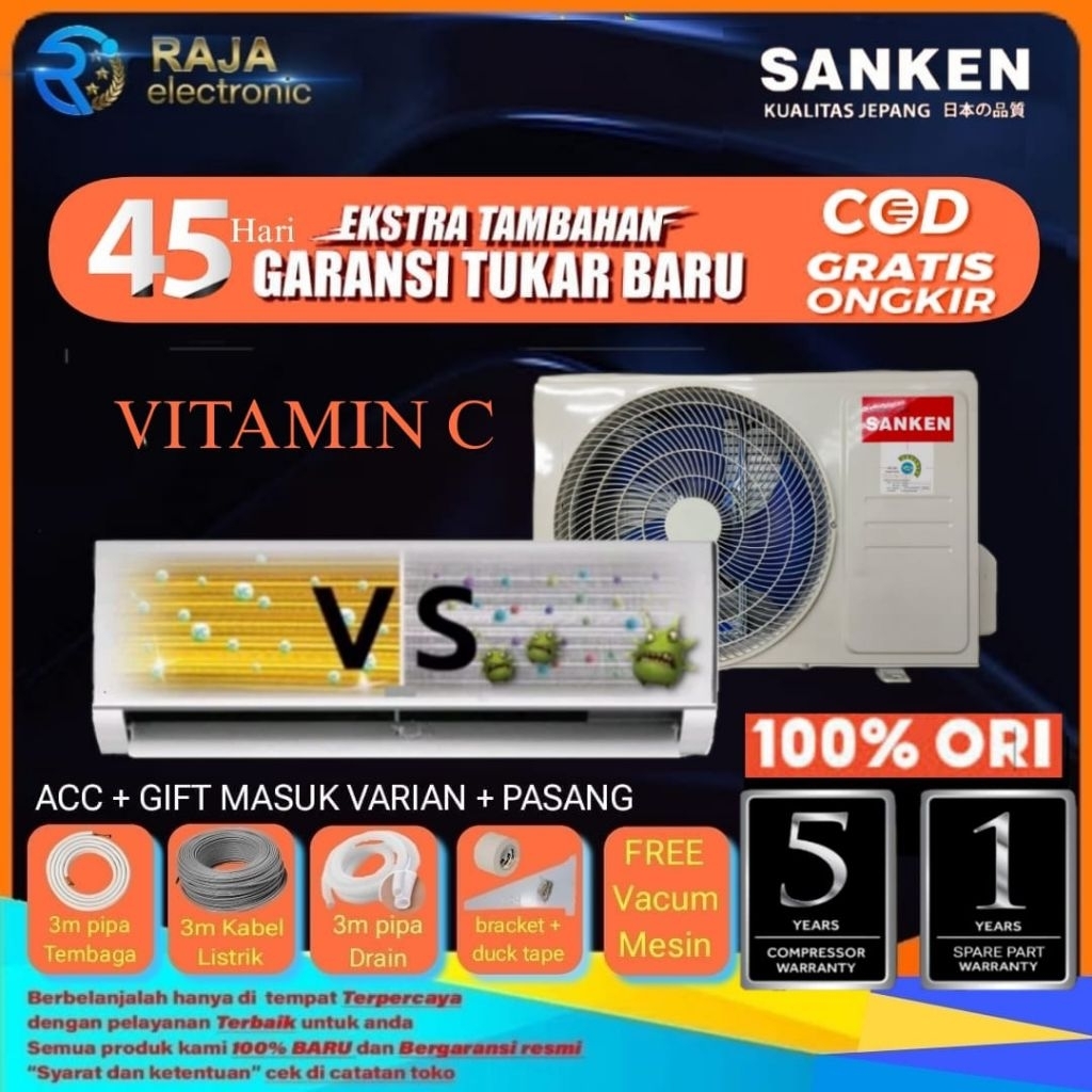 AC SANKEN 1/2 PK & 1 PK NEW 05 G-SERIES GOLD FIN LOW WATT VITAMIN C + INSTALASI PEMASANGAN & TUKAR T