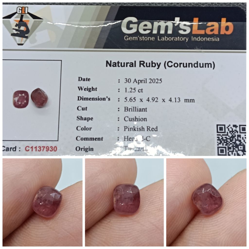 Natural Ruby Cushion Tanzania 1,2ct Top kristal memo GLI Ruby Afrika