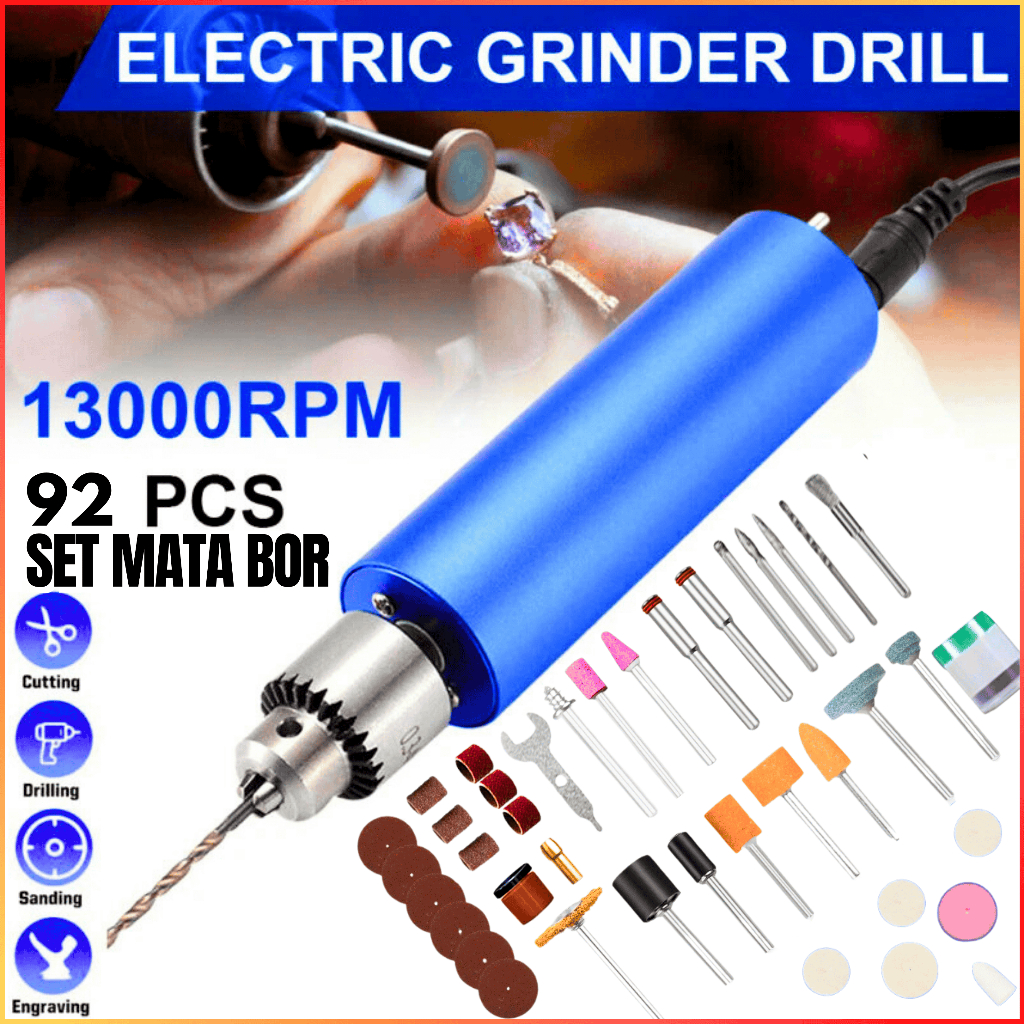 NEW COD Bor Listrik Mini Grinder Alat Ukir Grafir Multifungsi 12000 RPM + Set Lengkap Mata Bor 92PCS
