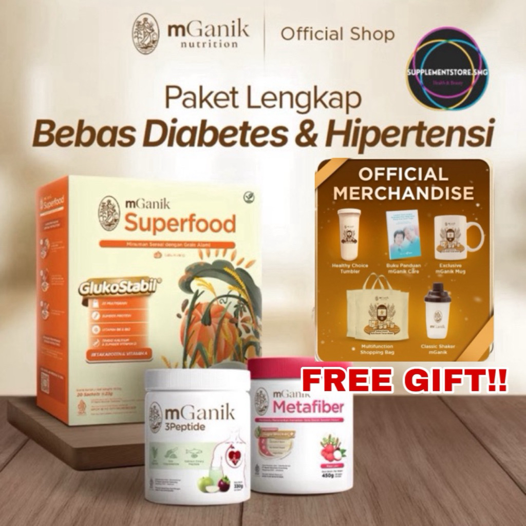 

[FREE GIFT!] Paket Bundling mGanik Superfood Multigrain Labu Pumpkin Kurma 500gr Superfood Diabetes + mGanik Metafiber Yuzu Leci Cocopandan 450gr Suplemen Serat Diabetes + mGanik 3Peptide 330gr Suplemen Jantung Kardiovaskular