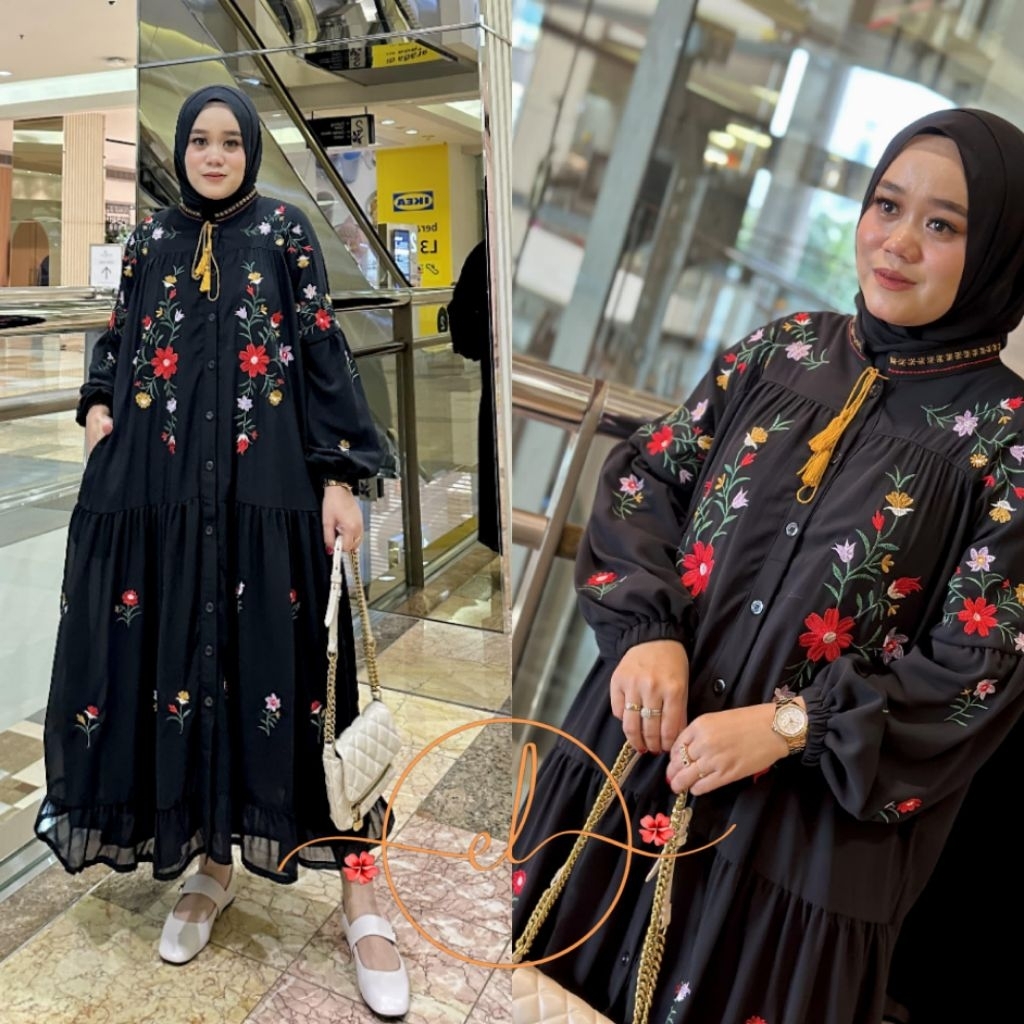 dress midi kombi bordir ORI / set overall jeans import viral overal pita jeans viral