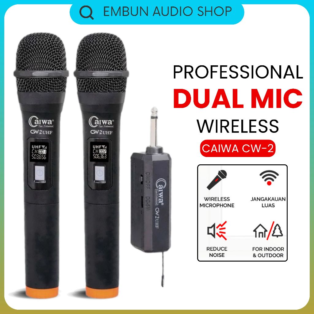 Mic Karaoke Professional Wireless Mikrofon Double Tanpa Kabel CAIWA CW-2UHF Vokal Mik Wireless Suara