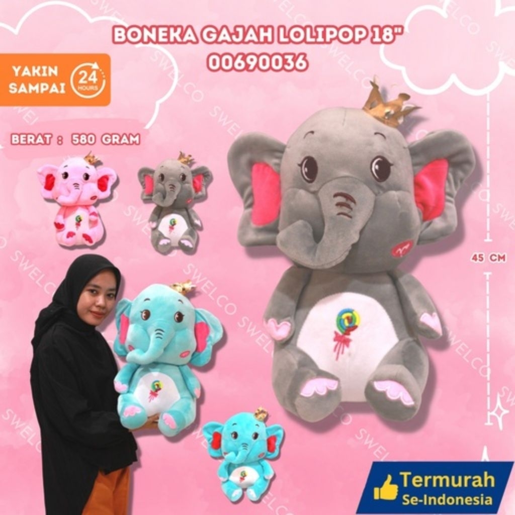 BONEKA GAJAH LOLIPOP 18" ANIMAL BESAR HEWAN
