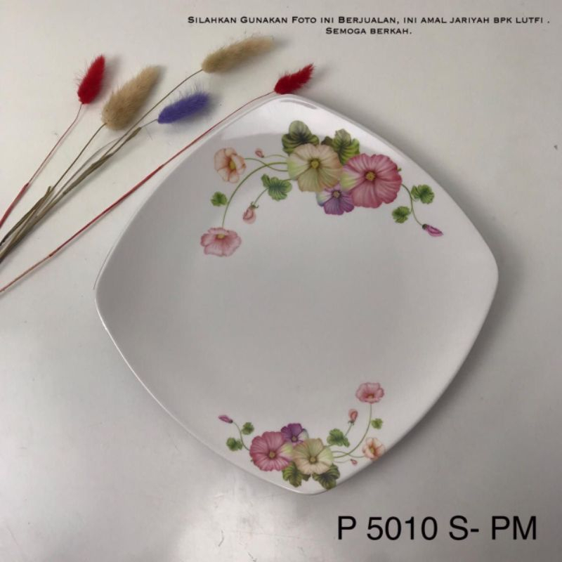 Piring Melamin Segi Warna Putih Motif Bunga & Hijau Polos P-5000 Singa Singi