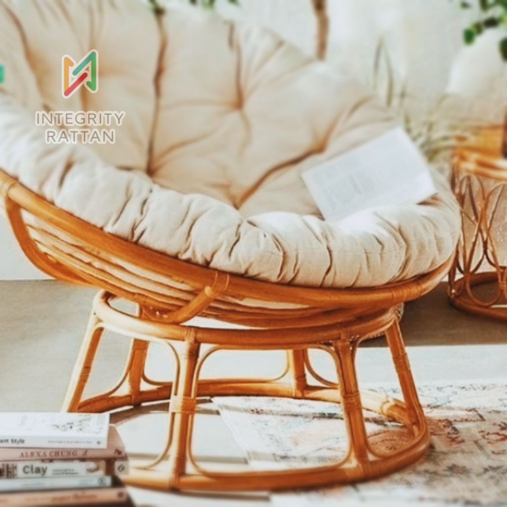 Kursi Teras Bulat Papasan Parabola Minimalis Rotan Alami dengan Cushion dan Bantal Empuk
