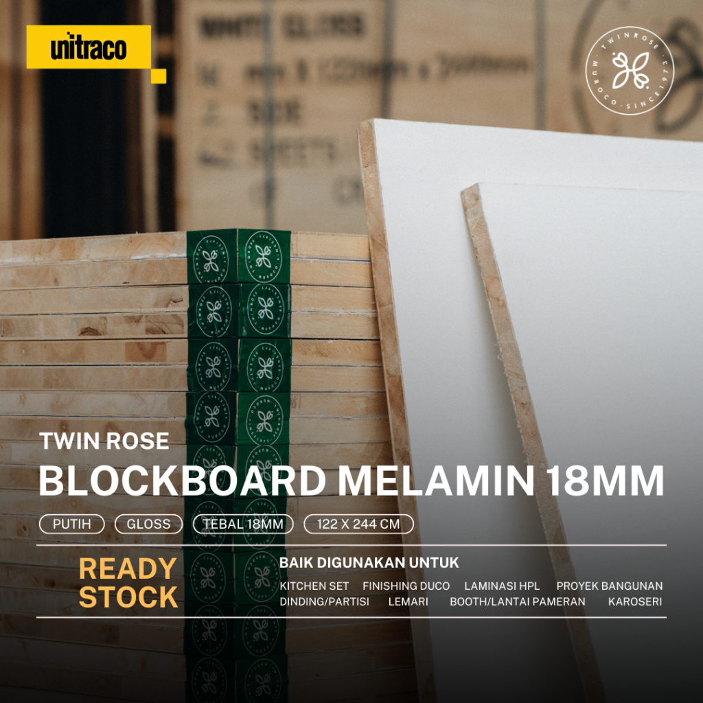 Twin Rose - Blokmin Blockboard Melamin 18mm (1 muka) Kilap/Gloss - Ukuran 122 x 244 cm – Putih