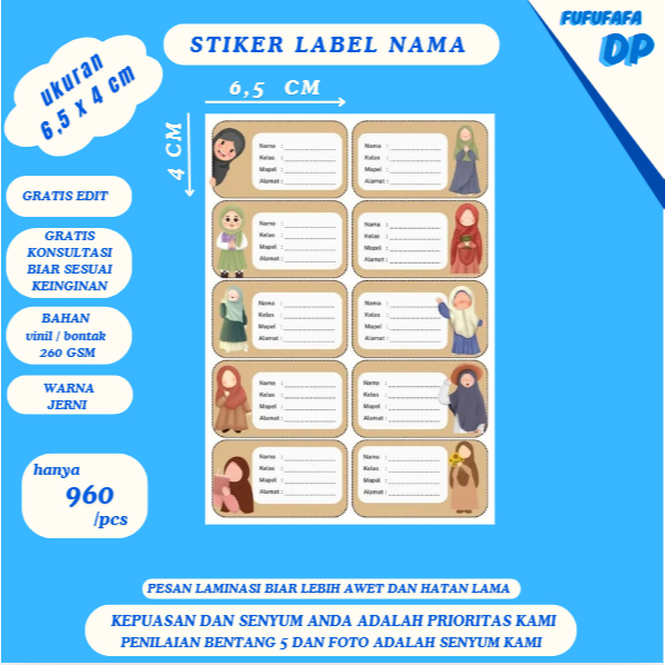 

Sticker Label Buku Pelajaran Custom Nama/ Tema Muslimah ukuran 6,5 x 4 cm