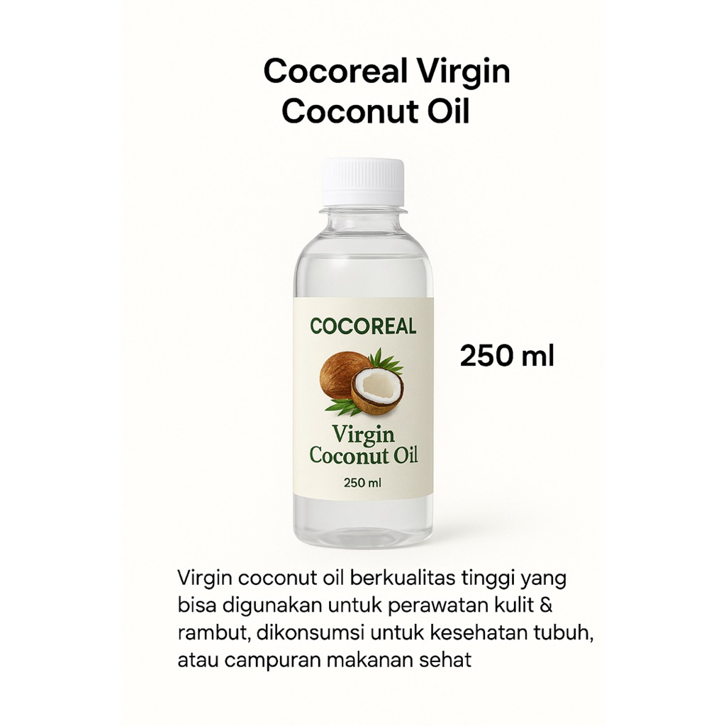 

VCO cocoreal 250 ml asli alami tanpa bahan kimia dan tanpa pengawet