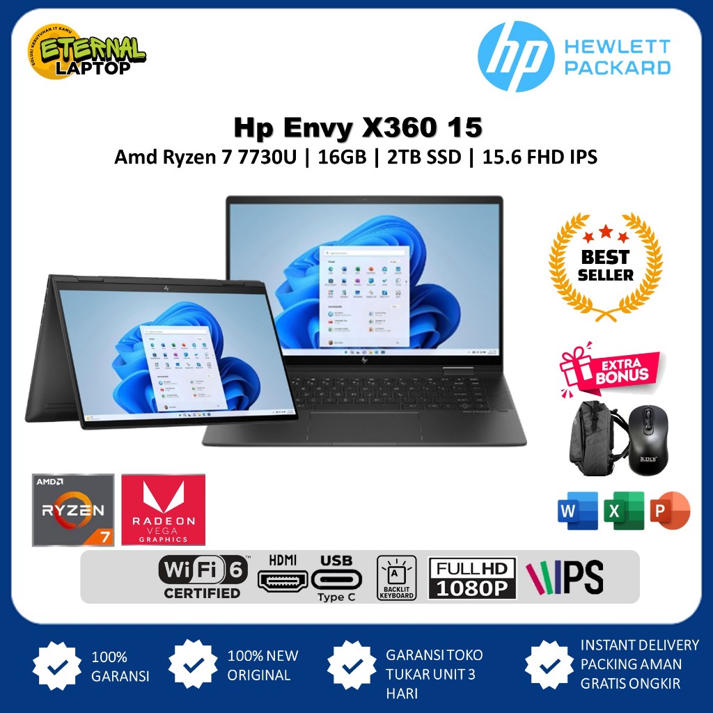 Laptop 2in1 HP ENVY X360 15 AMD Ryzen 7 7730U 16GB RAM 1TB SSD 15.6 Inch Full HD IPS Windows 11