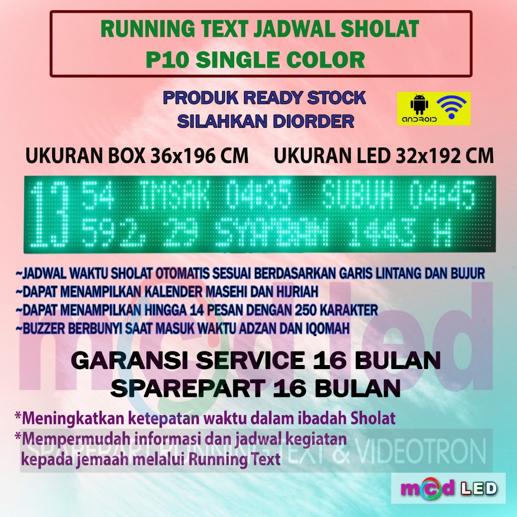 JAM SHOLAT MASJID RUNNING TEXT JWS JADWAL SHALAT SOLAT DIGITAL MASJID P10 MERAH HIJAU PUTIH PIXEL 36