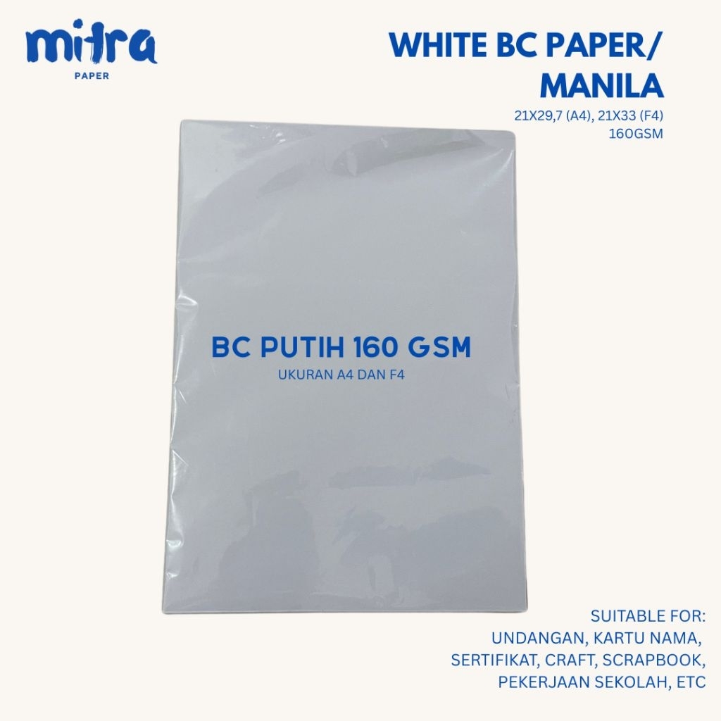 

Brief Card (BC) 160 gram A4 F4 isi 10,50,100 lembar / Kertas Manila buku gambar 160 gsm putih