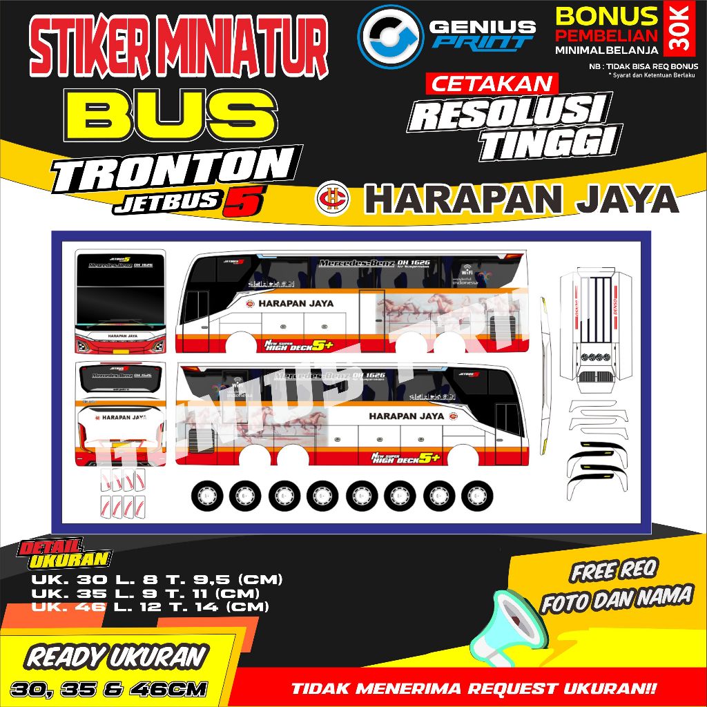 STIKER MINIATUR BUS [ JETBUS 5 TRONTON ] LIVERY HARAPAN JAYA UK. 30-46CM