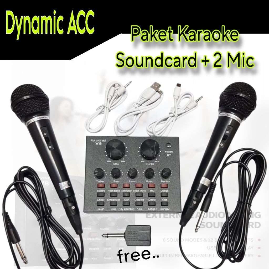Satu Paket Alat Karaoke HP Sound Card V8 Live Broadcast Mixer Soundcard Bluetooth Audio USB External