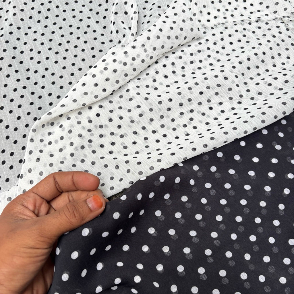 Kain Ceruty Yoryu Motif Polkadot hitam putih - Lembut, Jatuh & Adem – Cocok untuk Gamis/Blouse