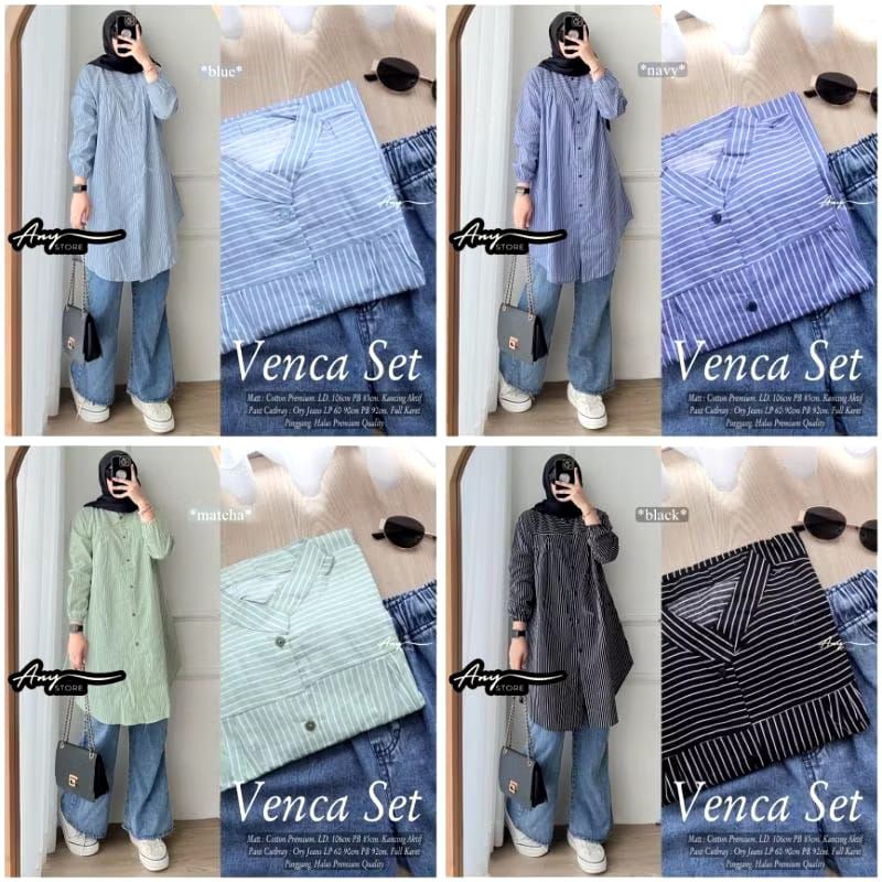 Venca Setelan Wanita Tunik Salur Dan Celana Jeans Wash Model Cutbray Setelan Wanita Terbaru