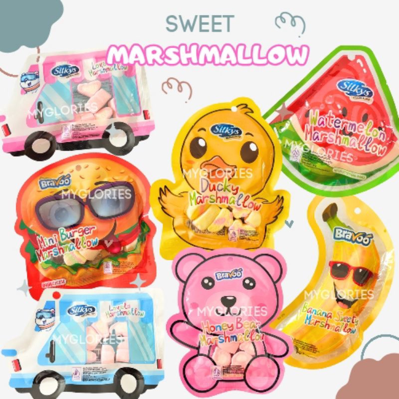 

Marshmallow Silkys Bravoo Bebek Semangka Burger Pisang Beruang Bear Permen Kapas Cemilan Anak