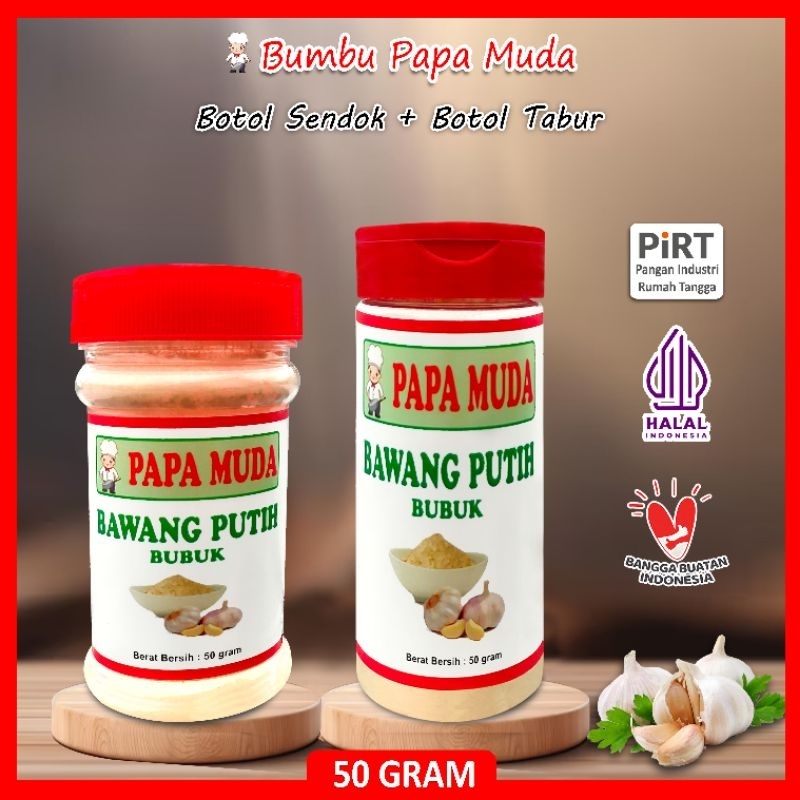 

Bumbu Papa Muda - Bawang Putih Bubuk 50 gram - Kemasan Botol Sendok & Botol Tabur