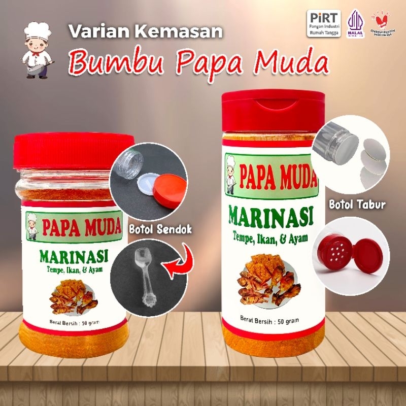 

Bumbu Papa Muda - Marinasi bubuk - Kemasan Botol Sendok & Botol Tabur