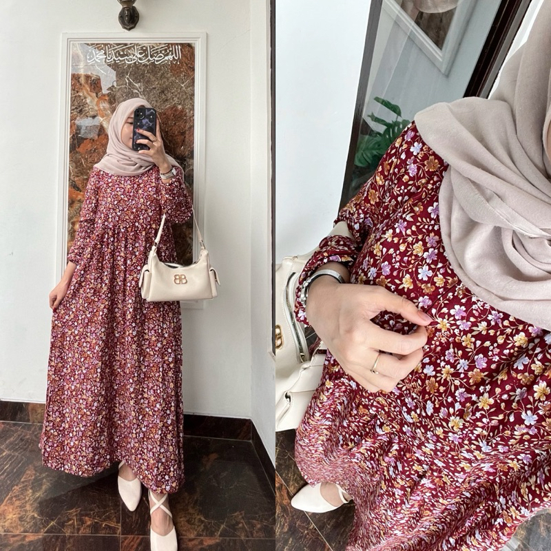 MIDI DRESS WANITA RAYON GAMIS ADEM BUMIL BUSUI FRIENDLY JUMBO KOLINDA MIDI DRESS MOTIF BUNGA BAHAN R