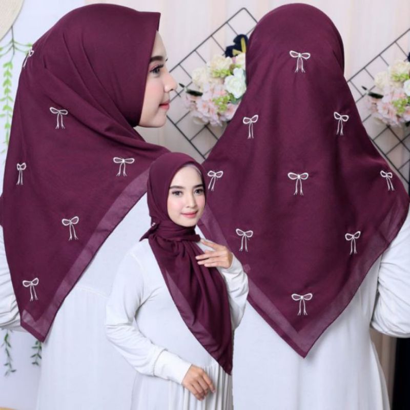 Hijab Segi Empat Paris Coquette Pita Ribbon Bordir | segi empat Paris bordir pita burgundy