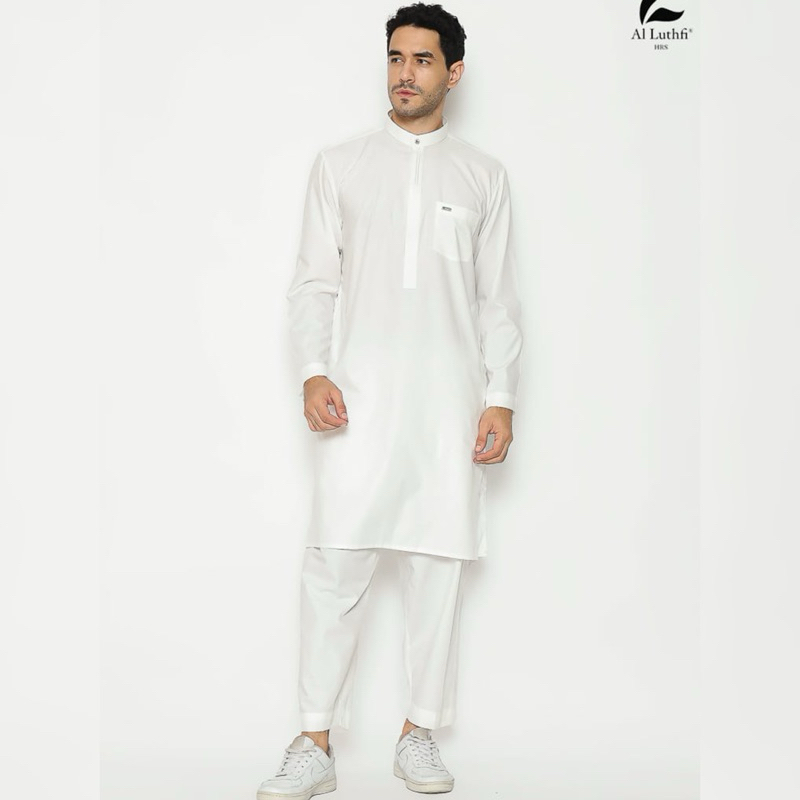 AL-LUTHFI Baju Setelan Pakistan Putih Baju + Celana Cotton Premium Lengan Panjang Manset ~ Setelan P