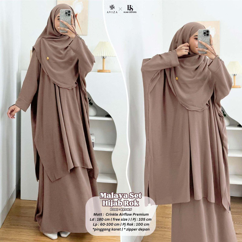 Set Gamis Rok dan Tunik Syari Muslim Premium MALAYA Crinkle Dewasa Airflow Dress Kulot Shakila Baju 
