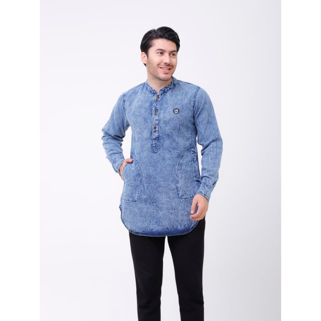 PinggoStore - Kemeja Koko Jeans Dewasa Lengan Panjang | Baju Koko Muslim Kurta Denim