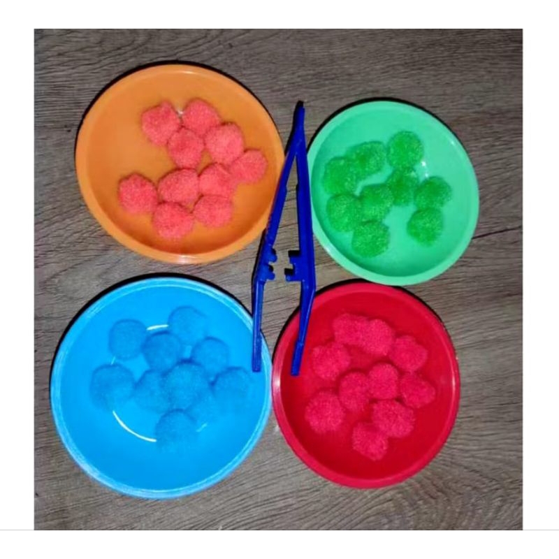 mainan edukasi sortir warna pompom mangkok piring mini