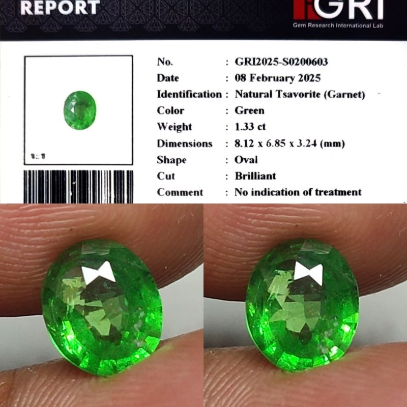 Natural Tsavorite Garnet 1.3ct GRI Material Crystall Good Luster Gemericik Nice Color Body Kaca Meta