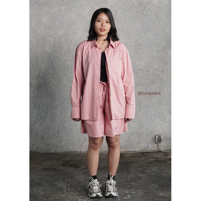 Adeline one set pink bahan poplin atasan panjang