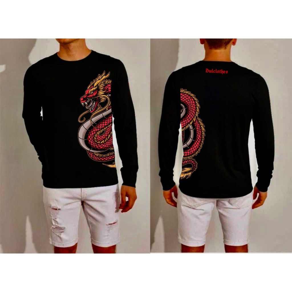 Kaos Distro naga merah lengan Panjang pria dewasa