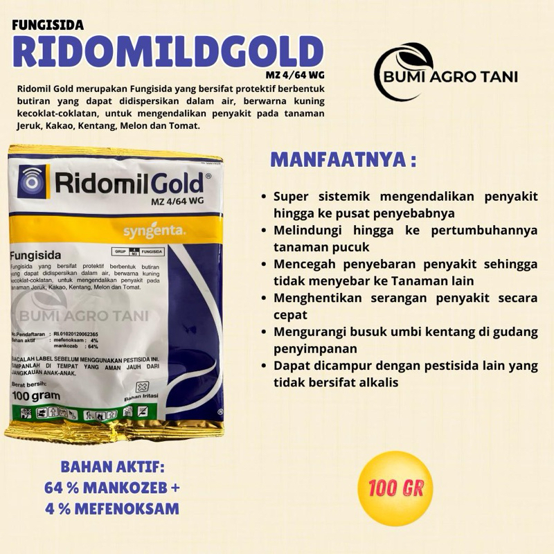 FUNGISIDA RIDOMIL GOLD MZ 4/64 WG 100GR BAHAN AKTIF: MEFENOKSAM 4% & MANKOZEB 64%