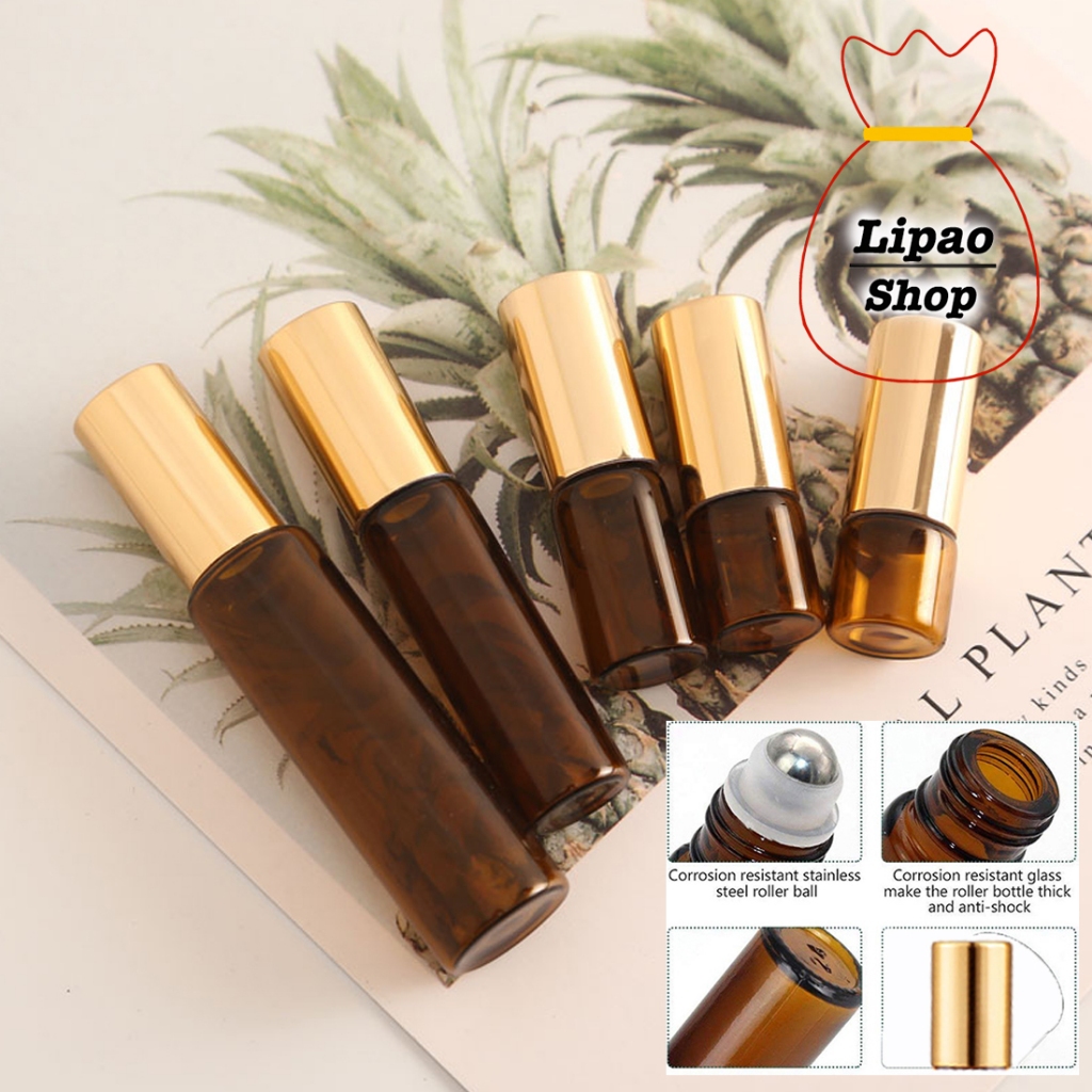 Botol Roll-On 3ml 5ml 10ml Kaca Amber Coklat - Parfum Oles Refill - Bola Roller Besi & Tutup Emas