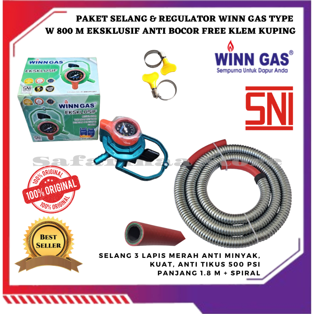 REGULATOR ANTI BOCOR KOMPOR GAS LPG WINN GAS W 800 M EKSKLUSIF SET SELANG GASCOMP 3 LAPIS 500 PSI