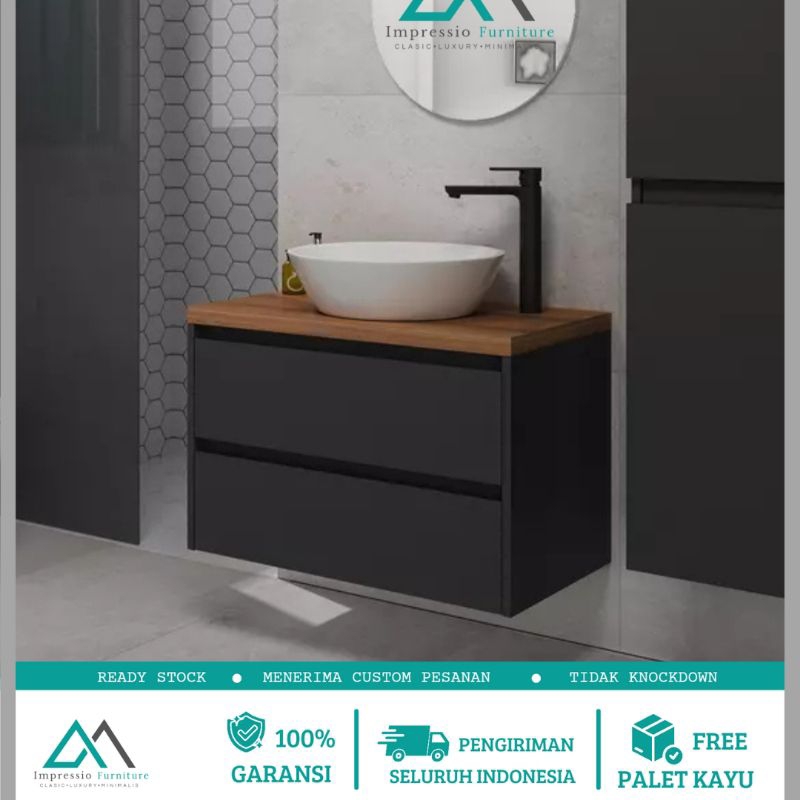 Kabinet Wastafel Gantung Hitam Plywood Tacosheet Cuci Tangan Tahan Air 40-70cm (Bisa Custom Warna)