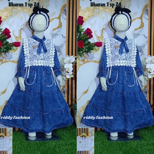 Gamis jeans rompi brukat anak perempuan usia 3 - 10 tahun / baju gamis jeans kantong depan - pakaian