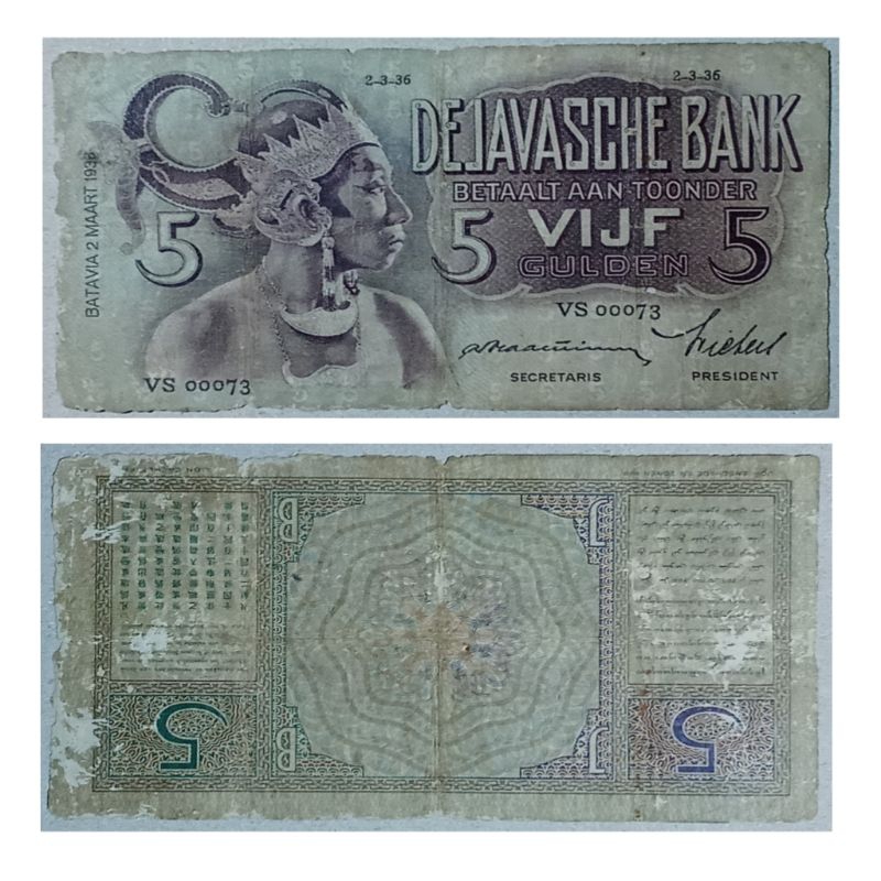 Uang Kuno 5 Gulden Tahun 1936 emisi Penari Jawa (wayang)