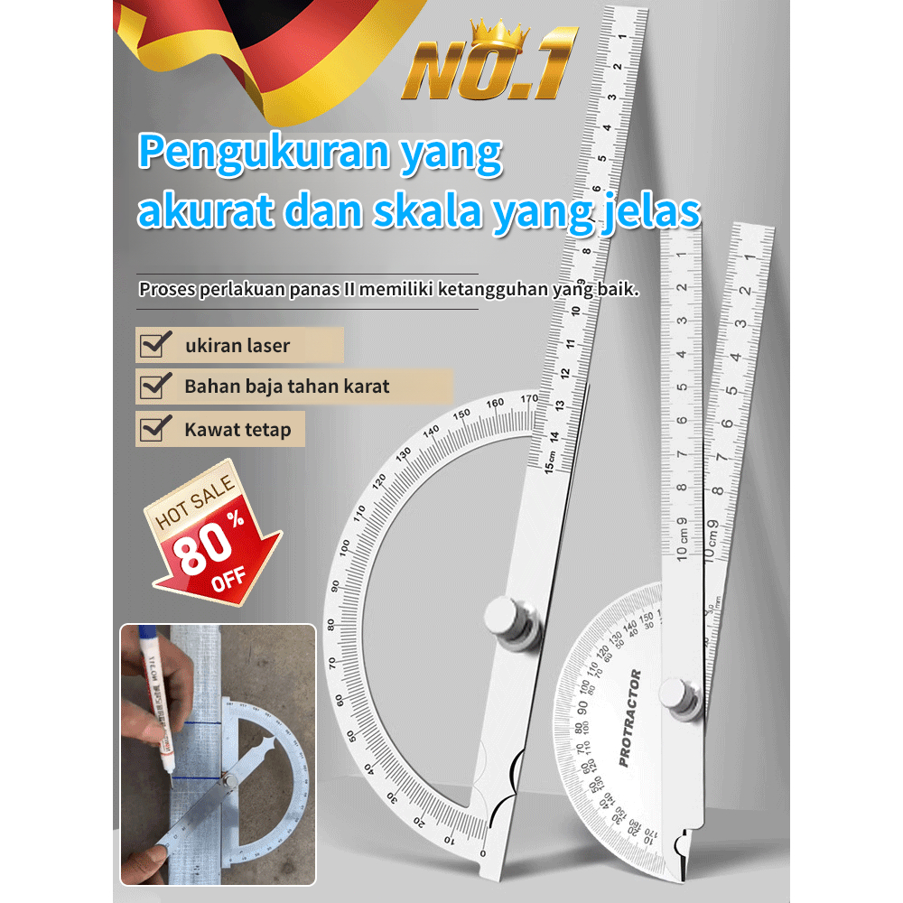 

❤️Best Seller❤️Skala Sudut Stainless Steel Satu Lengan / Pengaturan 180 Derajat Protractor / Setengah Lingkaran Skala Pembagi / Desain Multifungsi / Cocok untuk Banyak Pemandangan