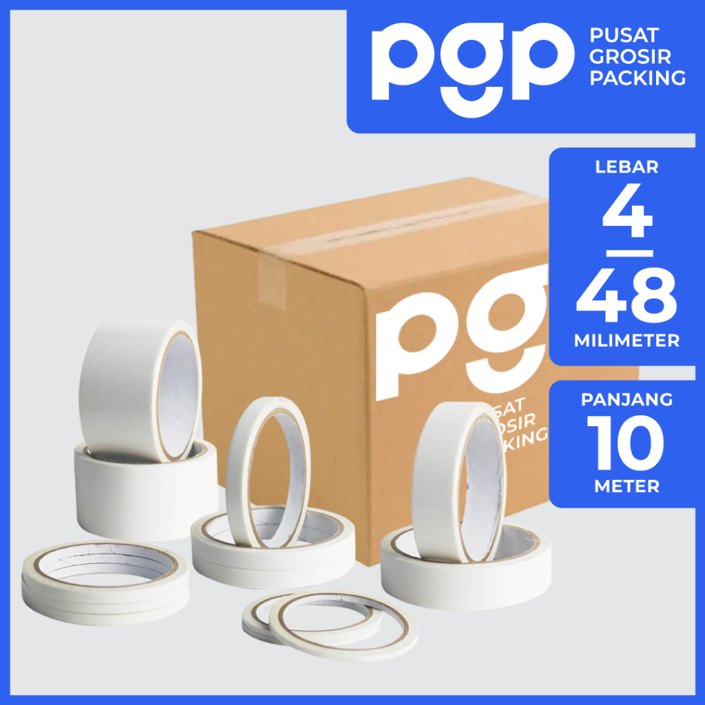 

Double Tape Kertas Aneka Ukuran 4-48mm x 10 Meter | 1 Dus Isi 72-864 Pcs/Roll | Lakban Murah Berkualitas