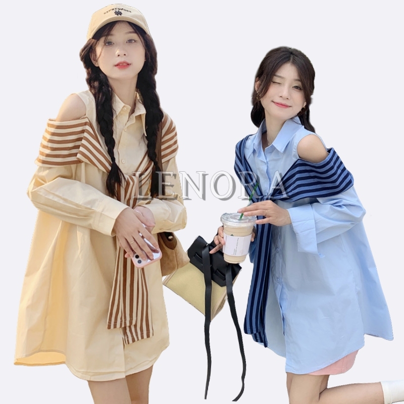 Kemeja Korea Wanita Lengan Panjang Baju Off Shoulder Kemeja Garis Garis Wanita