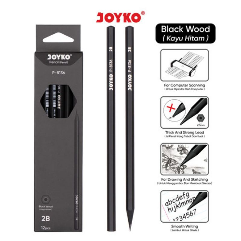 

PENSIL JOYKO 2B P8136 1 BOX ISI 12 PCS/ Pensil Black Wood/Pensil Kayu Hitam