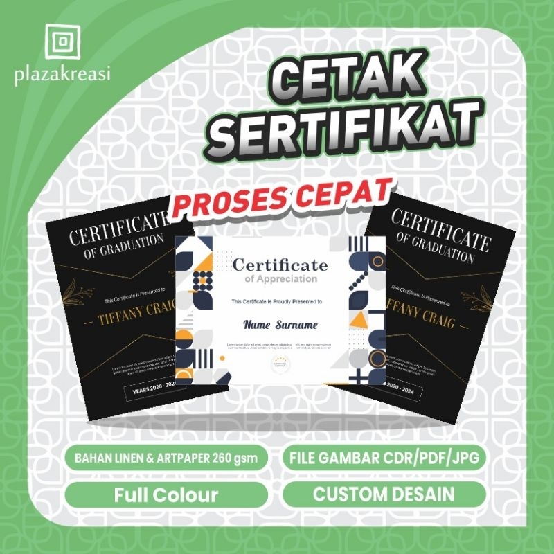 

Cetak Sertifikat Piagam Full Color Custom A4